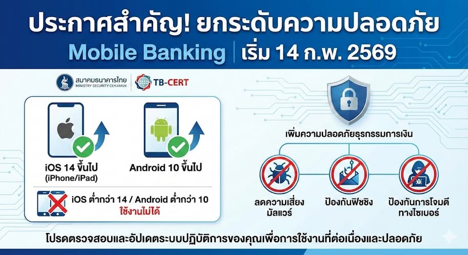 เช็กด่วน! พรุ่งนี้แล้วนะคะ (14 ก.พ. 69) Mobile Banking ยกระดับความปลอดภัยใหม่