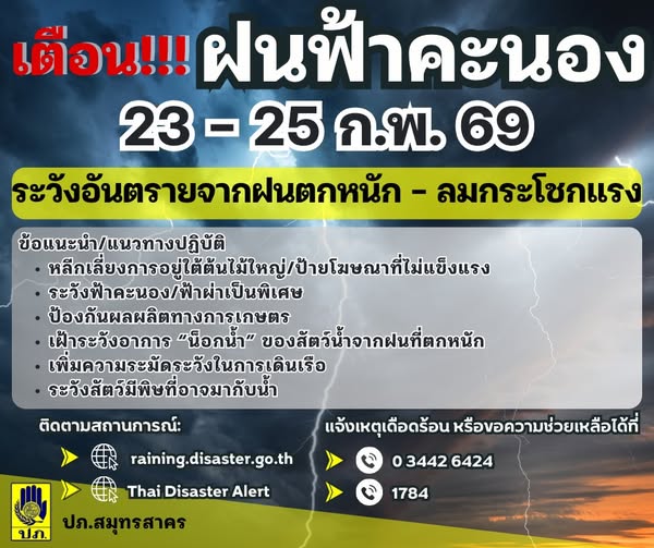แจ้งเตือน! เตรียมรับมือพายุฝนฟ้าคะนอง 23-25 ก.พ. นี้