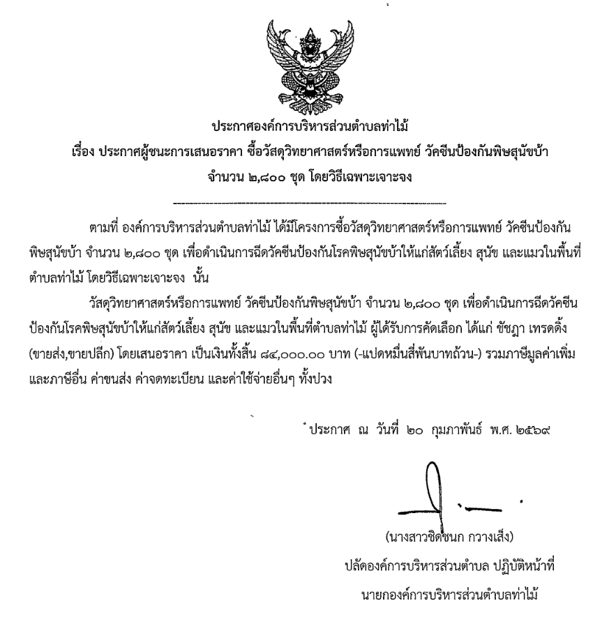 ประกาศผู้ชนะการเสนอราคา จัดซื้อวัสดุวิทยาศาสตร์หรือการแพทย์ วัคซีนป้องกันพิษสุนัขบ้า จำนวน 2,800 ชุด โดยวิธีเฉพาะเจาะจง