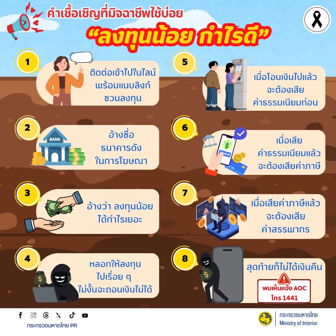 [เตือนภัย] อย่าหลงเชื่อ! กลโกงมิจฉาชีพ "ลงทุนน้อย กำไรดี"