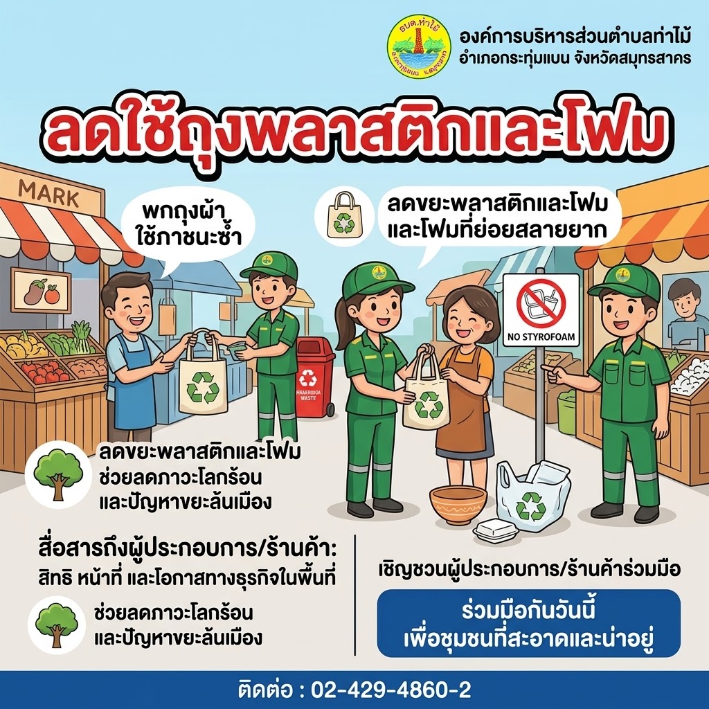 อบต.ท่าไม้ ร่วมใจ รณรงค์ "ลดใช้ถุงพลาสติกและกล่องโฟม" ในชุมชน