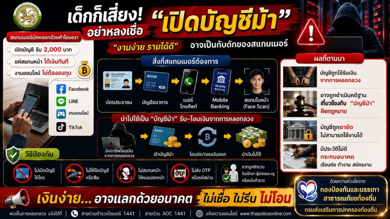 เด็กก็เสี่ยง! อย่าหลงเชื่อ "เปิดบัญชีม้า" เงินง่าย... อาจแลกด้วยอนาคต!
