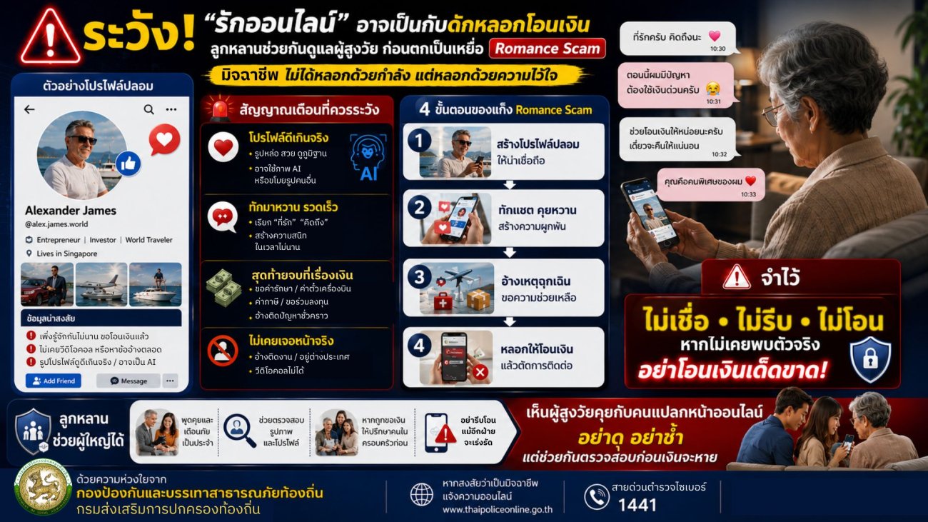 เตือนภัย! “รักออนไลน์” กับดักหลอกโอนเงิน (Romance Scam)